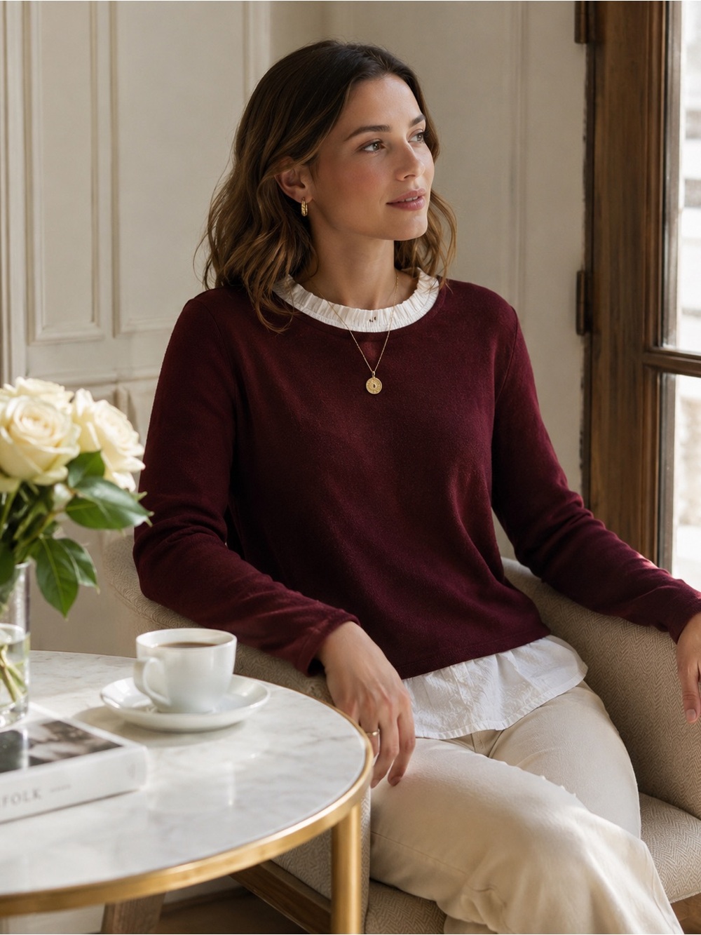 Sfera Basic Burgundy Layered Sweater Women’s Large Long Sleeve Ruffle Hem Top